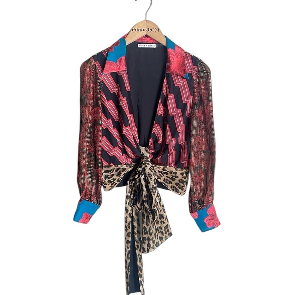 Alice + Olivia Multi-Color Mixed Print Wrap Blouse - Picture 2 of 16